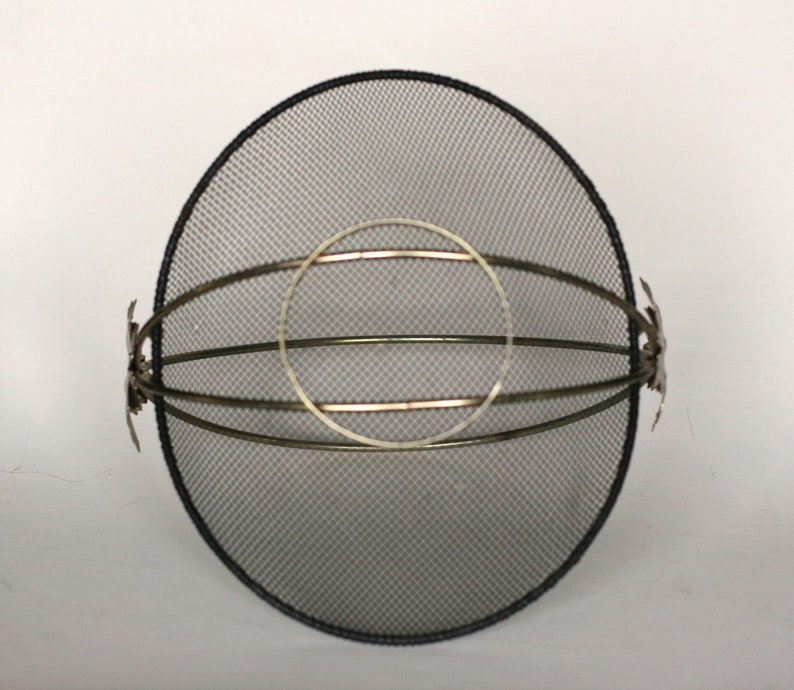 vintage mid century black mesh basket with double handle and leaf detail image 5