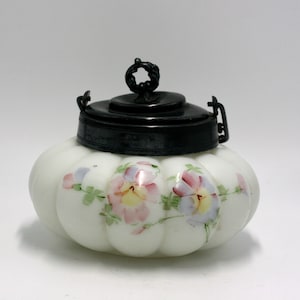 vintage MT Washington art glass melon biscuit jar hand painted with silverplate handle and lid