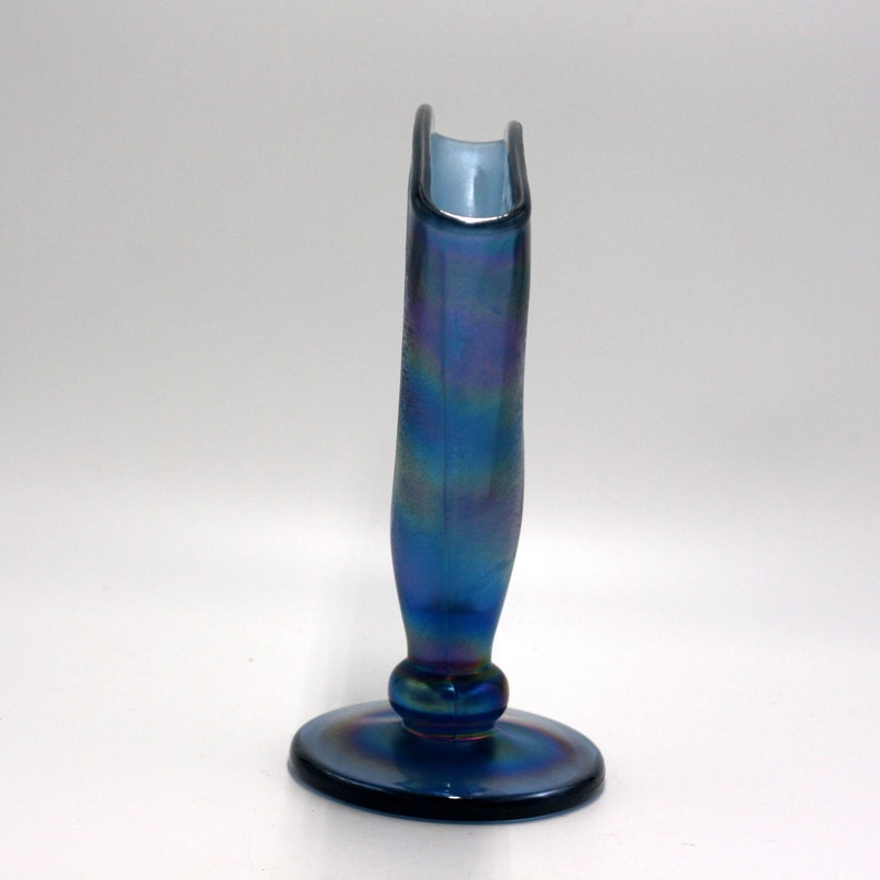 vintage Fenton iridescent blue stretch glass fan vase image 2