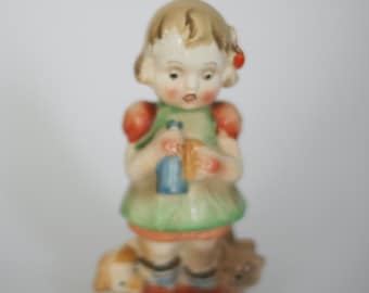 vintage ceramic girl with kitten and pup made in japan