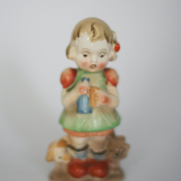 vintage ceramic girl with kitten and pup made in japan