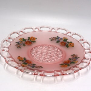 vintage pink satin depression glass plate with lace edge. reverse painted image 1