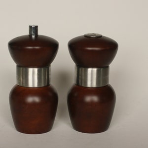 vintage mr dudley salt shaker and pepper grinder/wood with stainless steel band