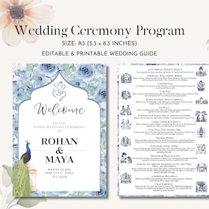 Blue Indian Wedding Program, Hinduska ceremonia ślubna, Szablon programu ślubu hinduskiego, Ulotka ślubu hinduskiego, Indywidualny projekt ślubu
