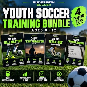 Peut inclure: Un ensemble d'entraînement de football pour jeunes comprenant quatre guides PDF numériques pour les 8-12 ans. Le lot inclut un plan de maîtrise du ballon de 30 jours, un plan de préparation aux essais de 7 jours, un défi pied faible et un journal.