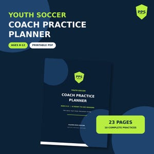 Könnte beinhalten: Ein dunkelblaues digitales Trainingsplaner-Dokument für Jugendfußballtrainer mit lindgrünen Akzenten. Der Text lautet Youth Soccer Coach Practice Planner, Ages 8-12, Printable PDF, 10 Ready-to-Use Sessions und 23 Pages 10 Complete Practices.