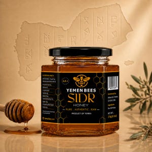 May include: A glass jar of Yemen Bees Sidr honey with a black label featuring a bee icon and the text Yemen Bees Sidr Honey Pure Authentic Raw Product of Yemen. The jar contains amber honey and is accompanied by a wooden honey dipper.
