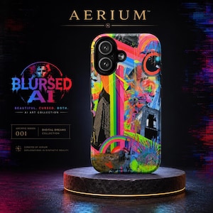 May include: A smartphone case featuring a vibrant, multi-colored abstract collage with rainbow stripes, architectural silhouettes, and neon splashes. The design includes the text BLURSED AI, BEAUTIFUL. CURSED. BOTH. and AERIUM. The case has a dual-lens camera cutout.