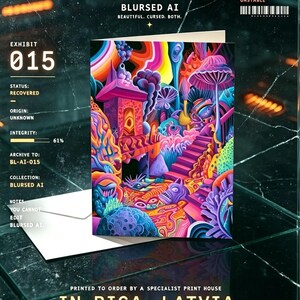 May include: A folded greeting card featuring a vibrant, surreal illustration of a fantastical landscape with purple, pink, and orange hues, a tall mushroom, and a staircase. The card is displayed within a digital interface labeled AERIUM.