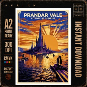 Sci Fi Poster Print, Utopian City Art, Orange Indigo A2