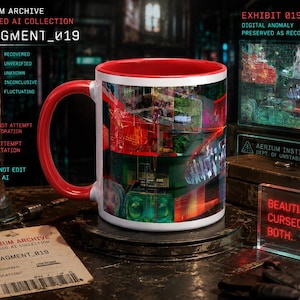 Cyberpunk Coffee Mug, Archive Fragment 019, Red Ceramic, Glitch Design