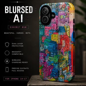 May include: A phone case for iPhone 14-17 featuring a vibrant, multi-colored illustration of a dense, surreal cityscape with stacked buildings in shades of pink, blue, green, and yellow. The text reads AERIUM, BLURSED AI, EXHIBIT 010, and BEAUTIFUL. CURSED. BOTH.