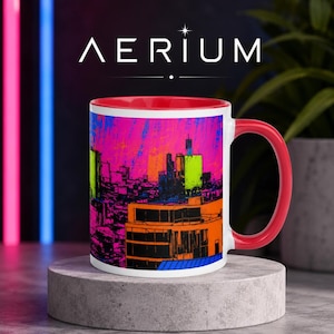 Neon City Skyline Mok, felroze, groen, oranje, synthwave koffiebeker
