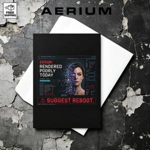 May include: A black rectangular print featuring a digital interface graphic with the text ERROR: RENDERED POORLY TODAY and SUGGEST REBOOT. The design includes a portrait of a person with a glitch effect on one side and various data readouts.