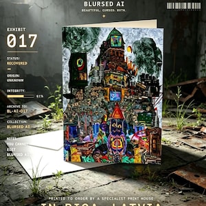 May include: A greeting card featuring a complex, multi-colored digital collage of architectural structures and abstract shapes. The text on the card reads AERIUM, BLURSED AI, BEAUTIFUL, CURSED. BOTH., EXHIBIT 017, STATUS: RECOVERED, ORIGIN: UNKNOWN, INTEGRITY: 61%, ARCHIVE TO: BL-AI-017, COLLECTION: BLURSED AI, NOTES: YOU CANNOT EDIT BLURSED AI, PRINTED TO ORDER BY A SPECIALIST PRINT HOUSE IN RIGA, LATVIA, FREE UK SHIPPING.