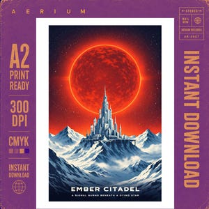 May include: A digital art print titled Ember Citadel featuring a white castle atop snowy mountains under a large glowing red sun. The purple border includes text: A2 PRINT READY, 300 DPI, CMYK, INSTANT DOWNLOAD, AERIUM RECORDS, AR-2607, and A SIGNAL BURNS BENEATH A DYING STAR.