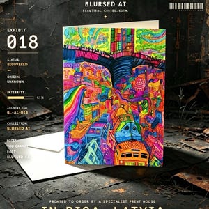 May include: A greeting card featuring a vibrant, multi-colored abstract illustration of a dense cityscape with rainbow elements, set against a dark, weathered background with text including AERIUM, BLURSED AI, and IN RIGA, LATVIA.
