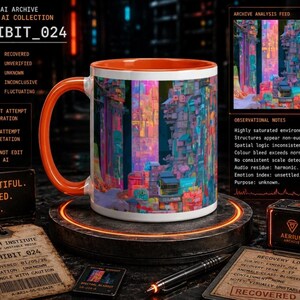 Cyberpunk City Coffee Mug, Blursed AI Mug, Neon Surreal Ceramic, Orange Handle