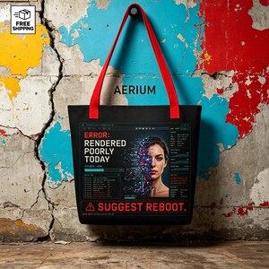 May include: A black tote bag with red straps featuring a graphic print of a person's face partially dissolving into digital pixels. The text reads ERROR: RENDERED POORLY TODAY and SUGGEST REBOOT, alongside various technical data and interface elements.