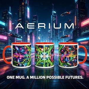 May include: Three ceramic mugs with orange handles and interiors, featuring a vibrant, colorful digital circuit board pattern and a futuristic cityscape background. The text AERIUM and ONE MUG. A MILLION POSSIBLE FUTURES. are printed on the image.