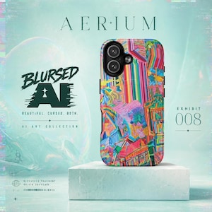 May include: A rectangular phone case featuring a vibrant, multi-colored abstract pattern of vertical and diagonal lines. The case is displayed on a white block against a light blue background with text including AERIUM, BLURSED AI, and EXHIBIT 008.