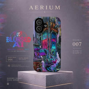 May include: A smartphone case featuring a vibrant, multi-colored digital art print of a futuristic cityscape with neon pink, blue, and purple hues. The case has a black camera cutout and is displayed against a dark gray background with text.