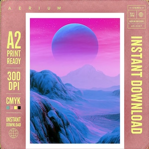 Synthwave Printable Wall Art, Pink Planet Art A2 Download