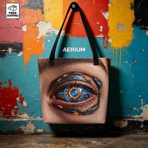 Op de afbeelding: Een draagtas met een grafische print van een menselijk oog geïntegreerd met mechanische, cybernetische componenten. Het oog heeft een gloeiende blauwe en oranje iris met metalen, circuitachtige structuren eromheen. Het woord AERIUM staat erboven.