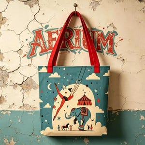 Vintage Circus Tote Bag, Trapeze Artist & Elephant Shopper, Retro Carnival Art, Big Top Shoulder Bag, Quirky Circus Gift