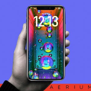 May include: A smartphone displays a colorful, abstract wallpaper with floating, iridescent bubbles. The time, 12:13, is prominently displayed. The phone is held against a blue and red background. The word "AERIUM" is at the bottom.