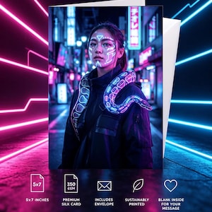Cyberpunk Birthday Card, Neon Snake Art, Futuristic Reptile Lover Design