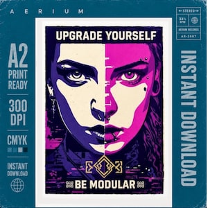 Cyberpunk Portrait Wall Art Printable, Bold Neon A2 Split Face Poster