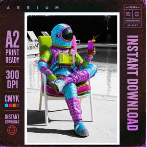 May include: A digital print featuring an astronaut in a blue and purple grid-patterned suit sitting in a chair by a pool, holding a purple drink. Text includes A2 PRINT READY, 300 DPI, CMYK, INSTANT DOWNLOAD, AERIUM, and AERIUM RECORDS AR-2607.