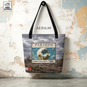 Bolso de tela Funny Paradise, Próximamente TBC Shopper, Bolso de broma para obra en construcción, Bolso de tela Surreal Utopia, Regalo de humor negro