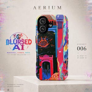 May include: A rectangular phone case featuring a vibrant, abstract digital art print with bold red, blue, and orange colors. The design includes architectural elements like a tall pillar and an arched doorway, alongside a central eye-like motif.