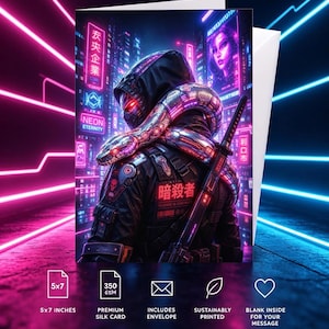 Tarjeta de felicitación de pitón bola cyberpunk – Tarjeta futurista de guerrero serpiente – Arte de ciencia ficción neón – Regalo para gamers cyberpunk