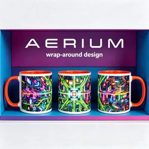 May include: Three ceramic mugs with orange handles and interiors, displayed in a box labeled AERIUM wrap-around design. The mugs feature a vibrant, multi-colored digital circuit board pattern with glowing neon lines and geometric city-like structures.
