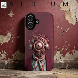 May include: A maroon smartphone case featuring a central graphic of a mechanical figure with a circular lens head, headphones, and a neck scarf. The figure wears a suit jacket over a collared shirt. The case has a dual camera cutout at the top left.