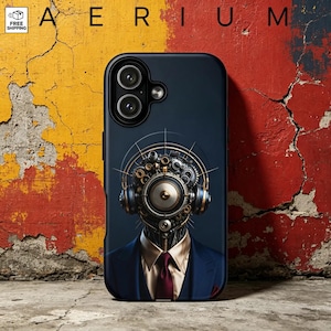 May include: A dark blue phone case featuring a graphic of a mechanical figure wearing a suit, a tie, and headphones. The figure has a complex, circular, gear-like head with metallic gold and bronze details. The case has a dual-lens camera cutout.