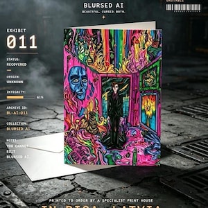May include: A greeting card featuring a surreal, colorful illustration of a person in a dark suit standing in a doorway, surrounded by vibrant, abstract shapes, a blue face, and skeletal figures. The text AERIUM, BLURSED AI, and EXHIBIT 011 are visible.