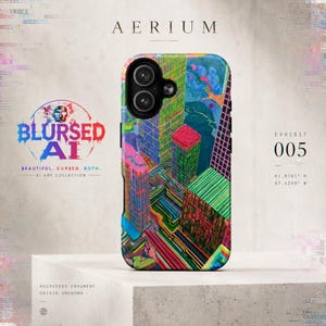 May include: A rectangular phone case featuring a vibrant, multi-colored abstract cityscape design with geometric buildings in shades of green, pink, and blue. The case includes a black camera cutout and is labeled with the text AERIUM and EXHIBIT 005.