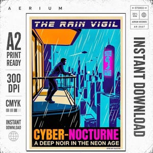 Cyberpunk City Wall Art, neon rain artwork, A2, printable wall art, synthwave poster