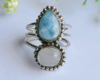 Handmade Larimar & Moonstone Ring: 925 Sterling Silver Band