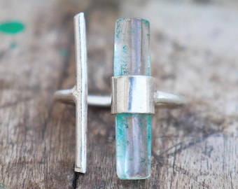 Anillo de barra de aguamarina en bruto: barra ajustable de plata de ley, piedra natal de marzo