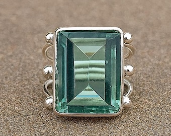 Emerald Cut Aquamarine Sterling Silver Ring, March Birthstone