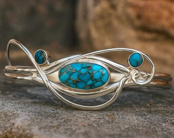 Handmade Turquoise & Blue Topaz 925 Sterling Silver Bracelet