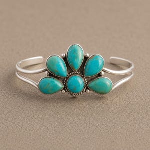 Handmade Sterling Silver Kingman Turquoise Cuff Bangle: Southwestern Boho Cluster Design