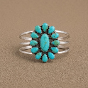 Kingman Turquoise Sterling Silver Cuff Bangle, Southwestern Flower Cluster Bracelet