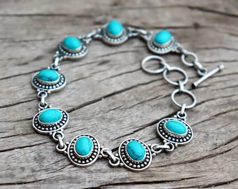 Pulseira artesanal de prata esterlina turquesa, estilo boho oxidado.