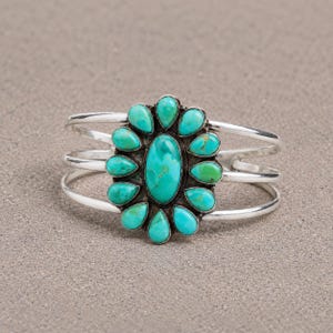 Kingman Mohave Turquoise Sterling Silver Cluster Cuff Bangle, Southwestern Boho Statement Bracelet